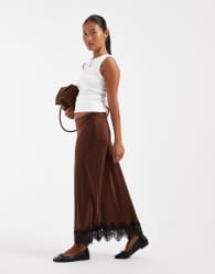 Vero Moda Petite satin midi skirt with lace detail hem in brown