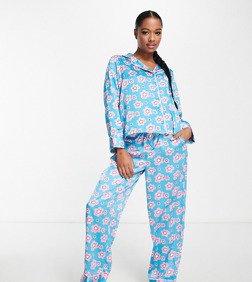 Vero Moda Petite satin pajama shirt and pants set in blue print
