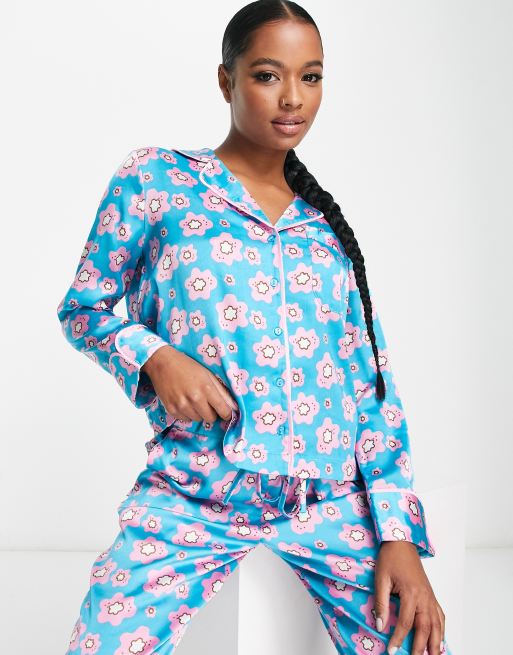 Vero Moda Petite satin pajama shirt and pants set in blue print