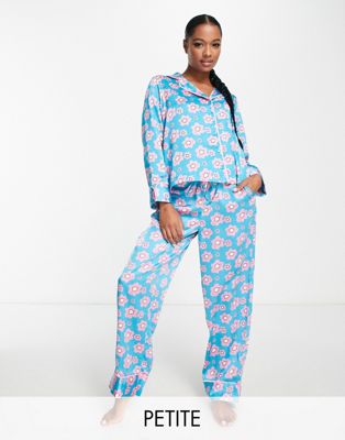Vero Moda Petite satin pyjama shirt and trouser set in blue print
