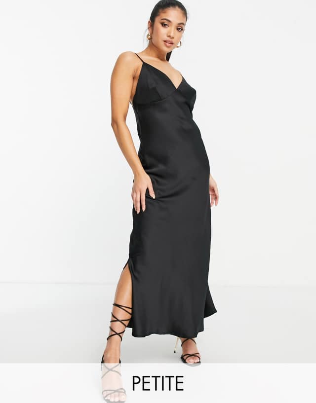 Vero Moda Petite satin slip midi dress in black