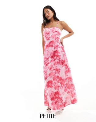 Vero Moda Petite Satin Square Neck Maxi Slip Dress In Pink Daisy Print