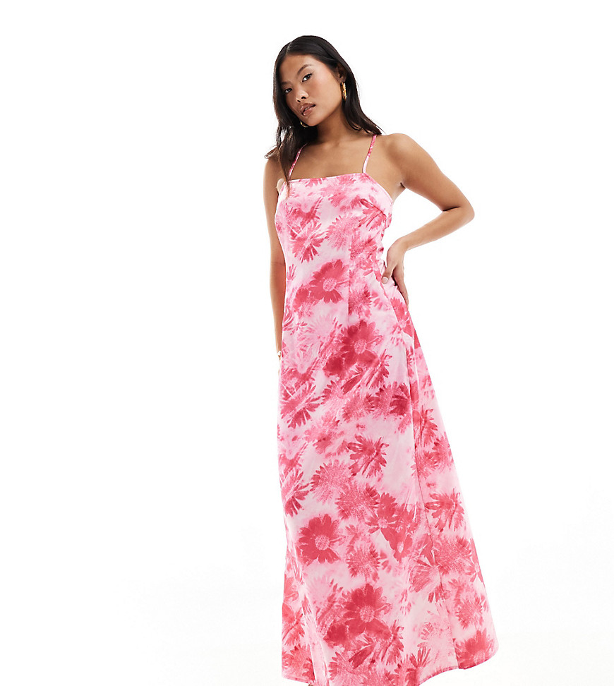 Vero Moda Petite Satin Square Neck Maxi Slip Dress In Pink Daisy Print