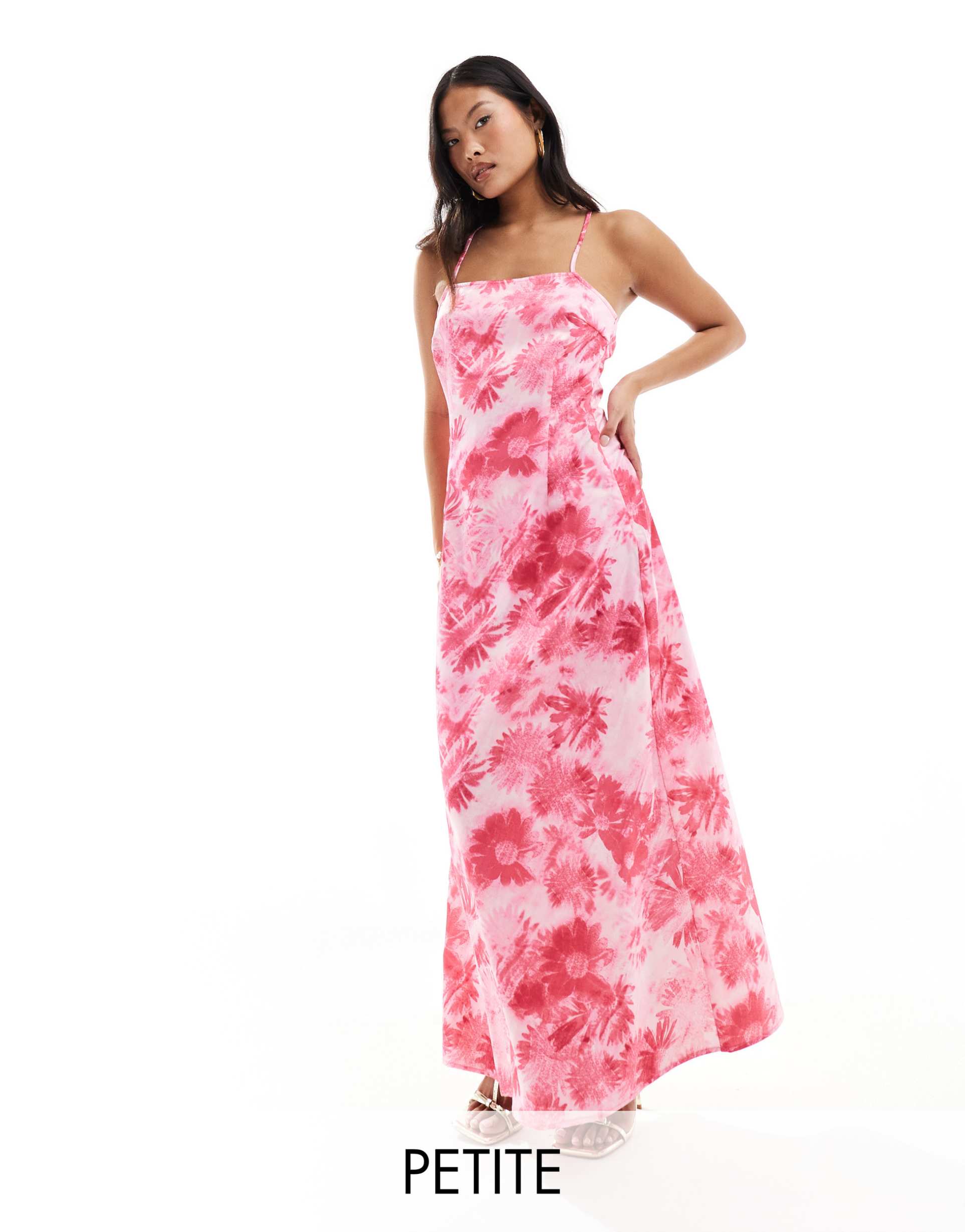 vero moda petite satin square neck maxi slip dress in pink daisy print