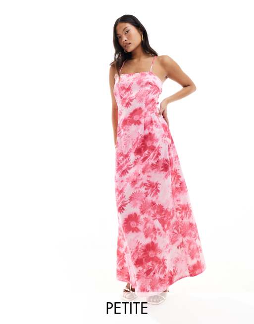 Vero Moda Petite satin square neck maxi slip dress in pink daisy print