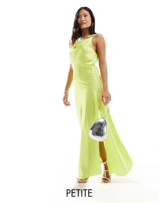 Vero Moda Petite Satin Tie Shoulder Maxi Slip Dress With Seam Detail In Lime-green
