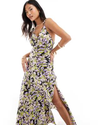 satin tie shoulder maxi slip dress with seam detail in purple print