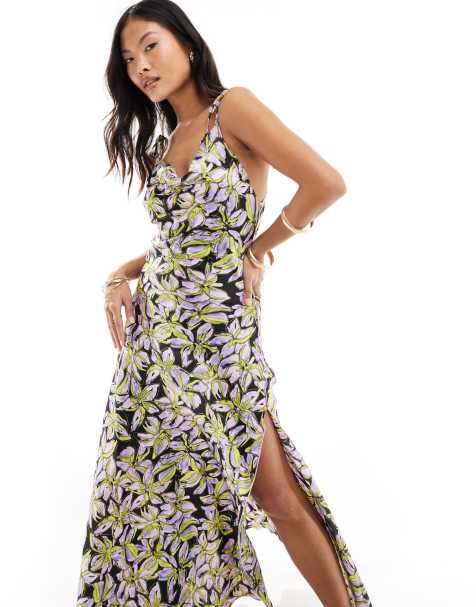Vero Moda Petite satin tie shoulder maxi slip dress with seam detail in purple print - view 1