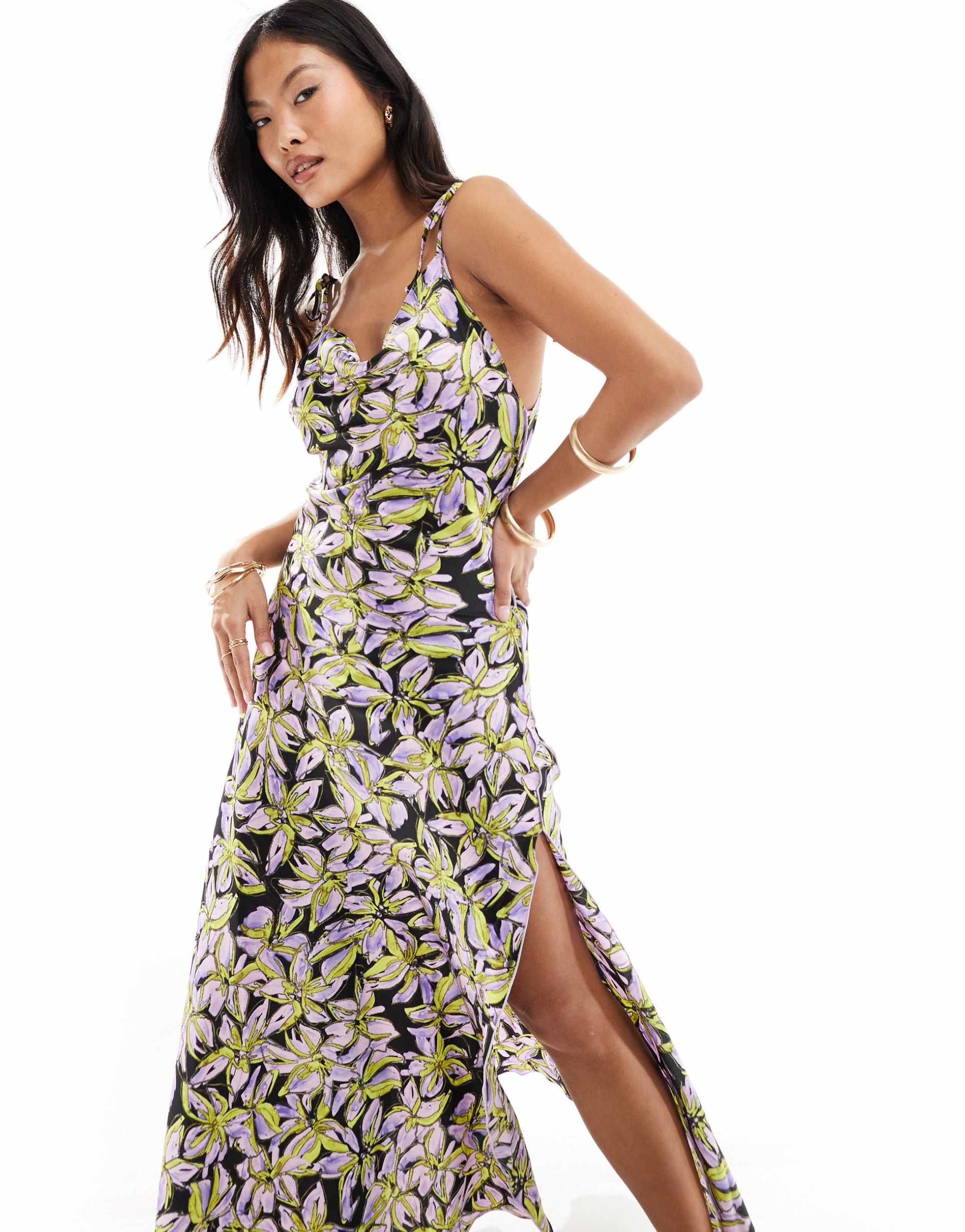 vero moda petite satin tie shoulder maxi slip dress with seam detail in purple print