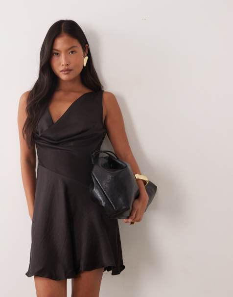 Vero Moda Petite satin waterfall mini dress with waist detail in chocolate brown - view 1