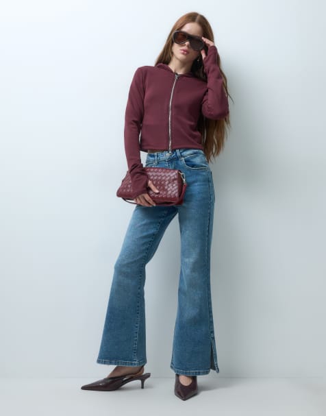 Vero Moda Petite Selina jeans met hoge taille en uitlopende pijpen in middenblauw denim - view 1
