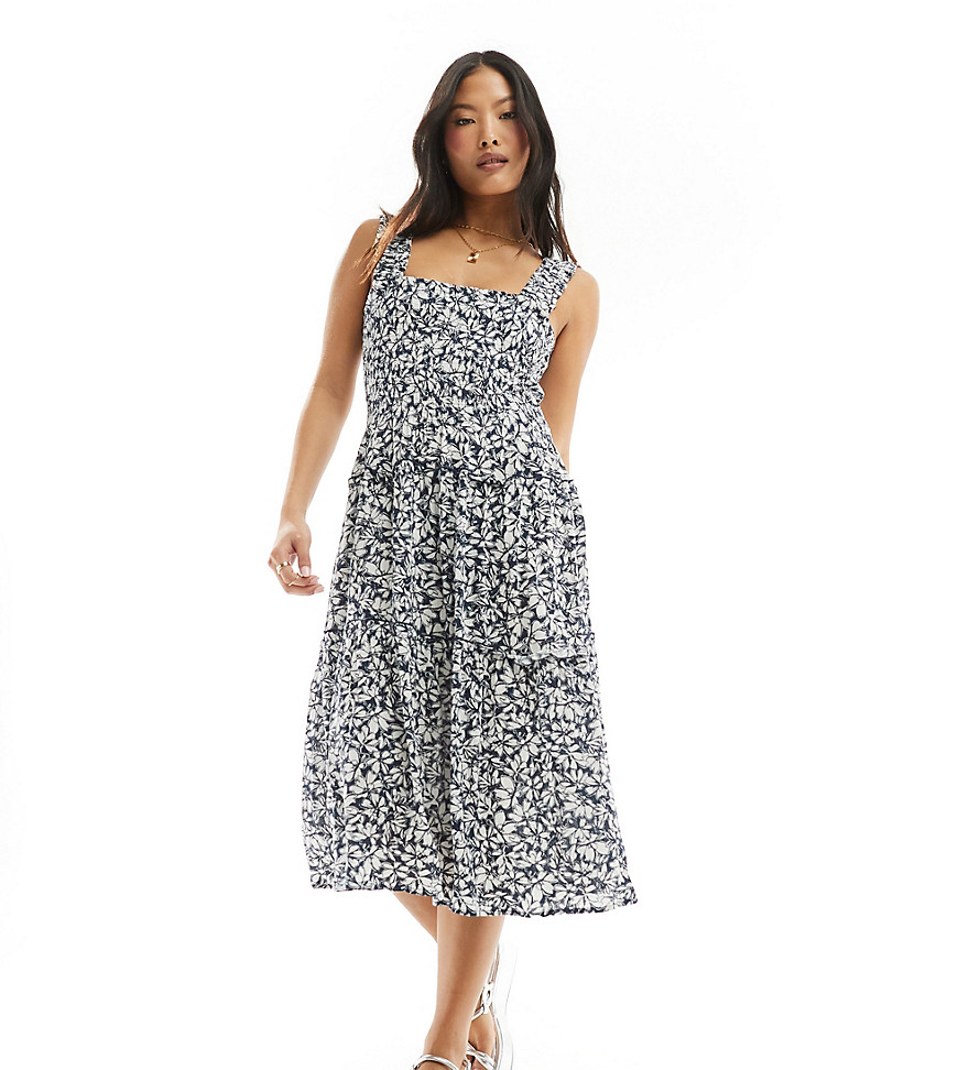 shirred cami midi dress in navy blue floral