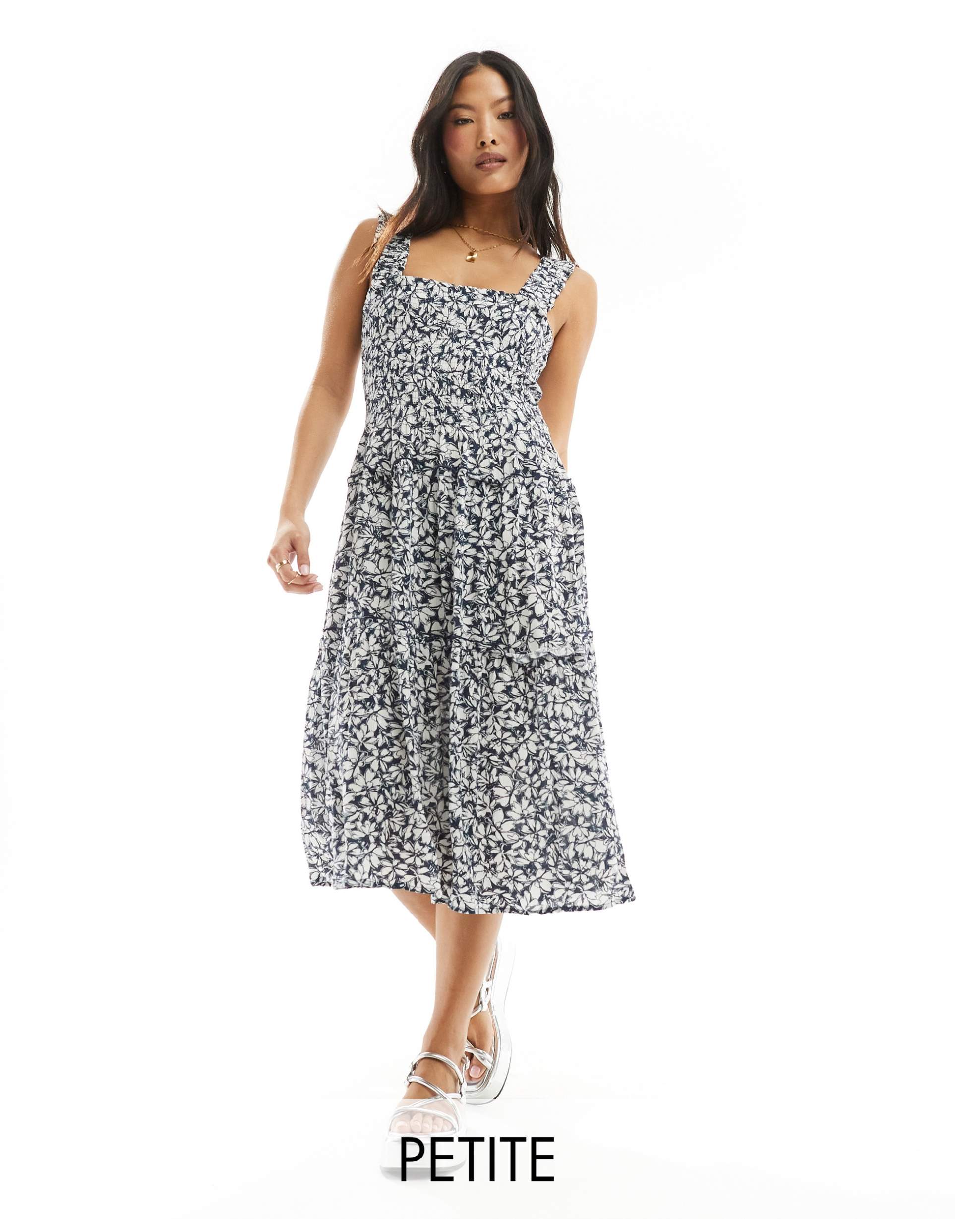 vero moda petite shirred cami midi dress in navy blue floral