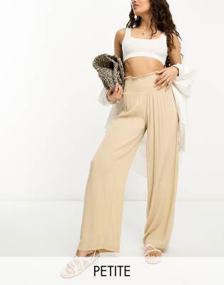 Vero Moda Petite Shirred Waist Beach Pants In Beige-neutral