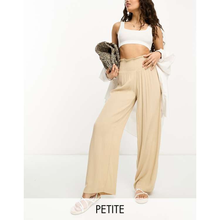 Earth Tone Wide Leg Cotton Palazzo Pants with Shirred Waist, Beige