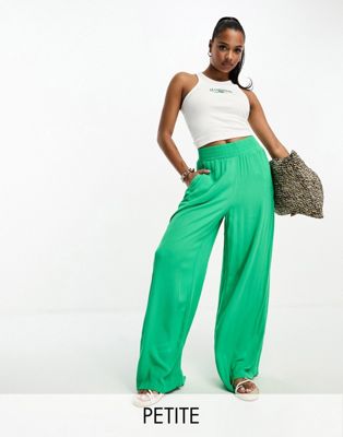 Vero Moda Petite shirred waist wide leg trouser in bright green