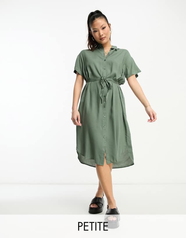 Vero Moda Petite shirt midi dress with tie belt in green