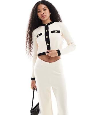 Vero Moda Petite Vero Moda Petite short buttondown cardigan co-ord with contrast trim in cream-White