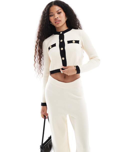 Vero Moda Petite short buttondown cardigan co-ord with contrast trim in cream - view 1