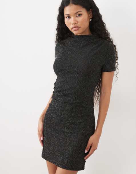 Vero Moda Petite short sleeve ruched mini dress with glitter in black - view 1