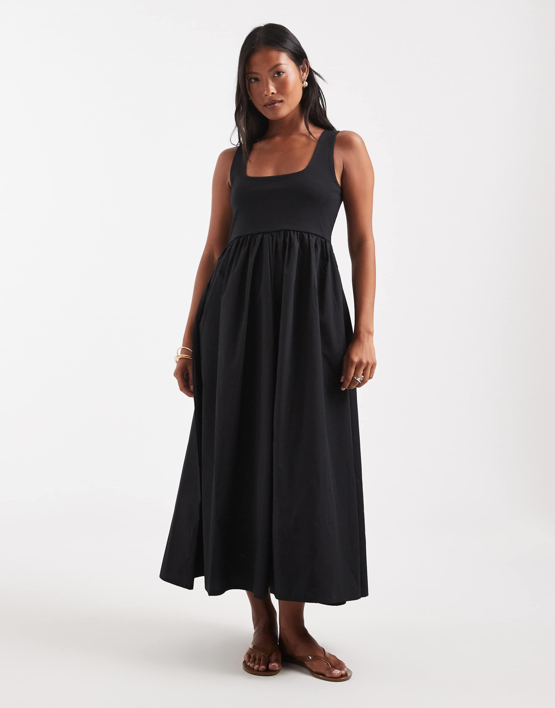 vero moda petite sleeveless midi dress with woven skirt in black