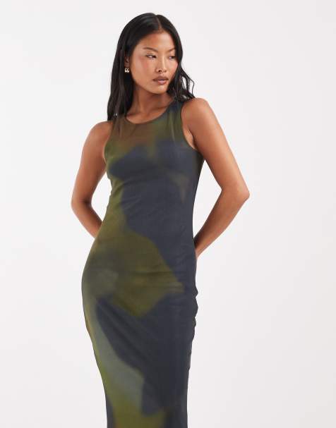 Vero Moda Petite sleeveless seam front mesh dress in brown and green swirl print - view 1