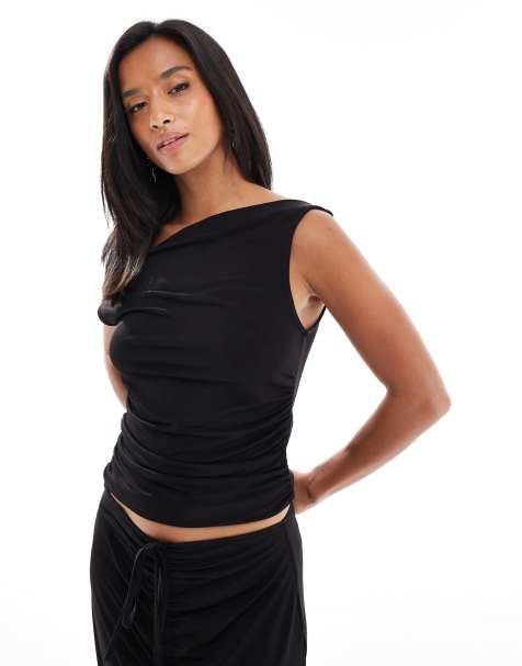 Vero Moda Petite slinky sleevless slash neck tank top co-ord in black