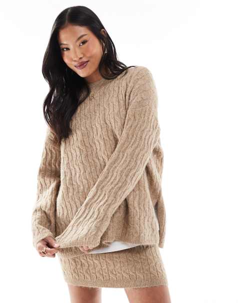 Vero Moda Petite slouchy cable knit jumper co-ord in camel - view 1