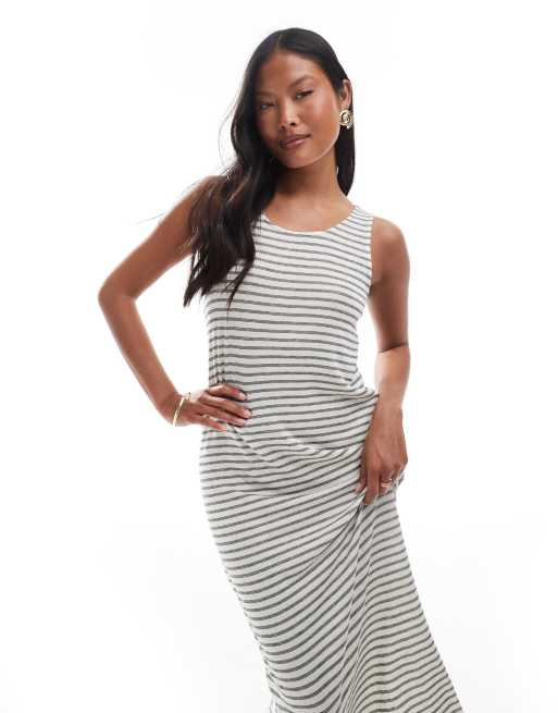 Vero Moda Petite slubby maxi tank dress in oatmeal stripes, 2 of 4