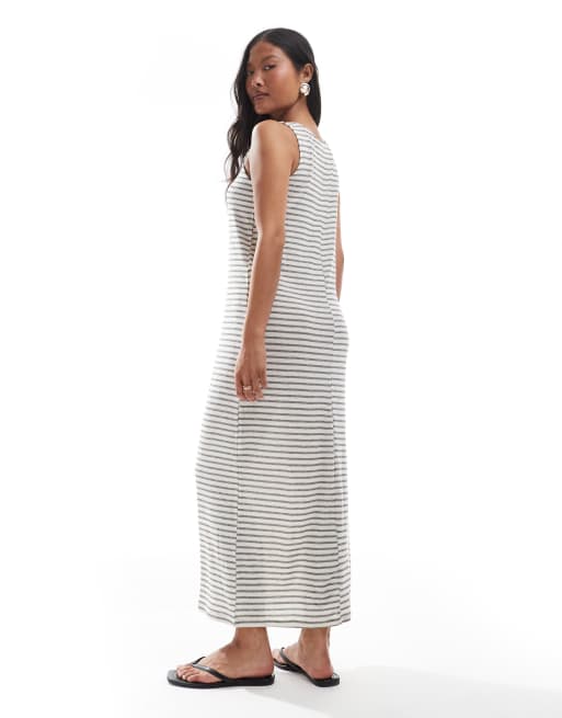 Vero Moda Petite slubby maxi tank dress in oatmeal stripes, 4 of 4
