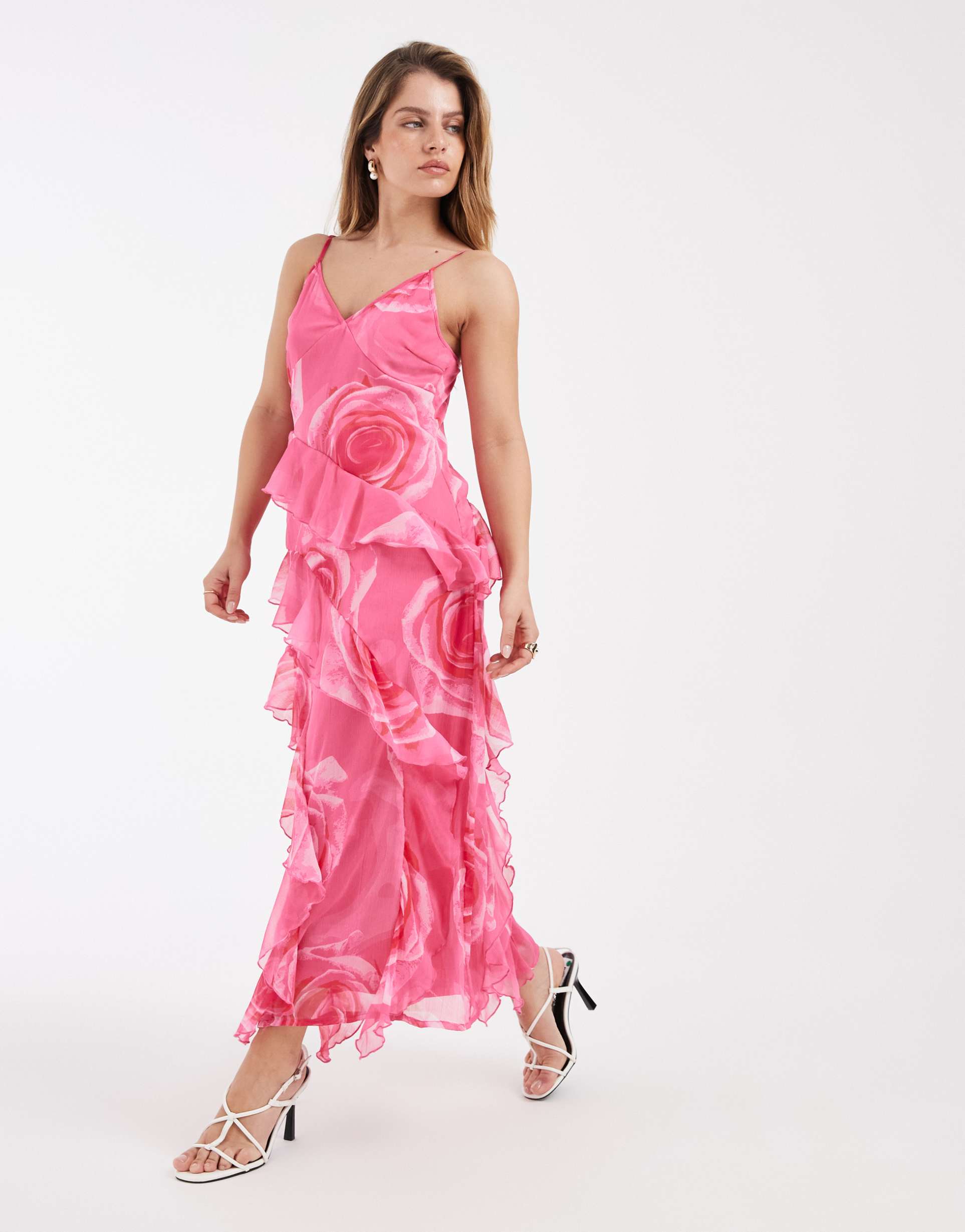 vero moda petite smilla chiffon cami ruffle detail midaxi dress in pink tonal overblown rose print