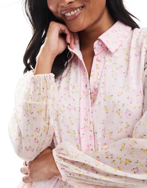 Vero Moda Petite Smilla flippy belted shirt dress in pink micro floral, 4 of 4