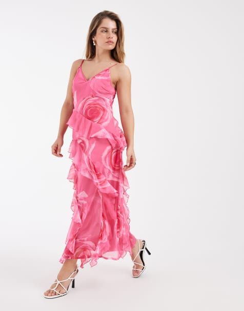 Vero Moda Petite - Smilla - Midi cami-jurk van chiffon met ruches in ton-sur-ton grote roze rozenprint - view 1