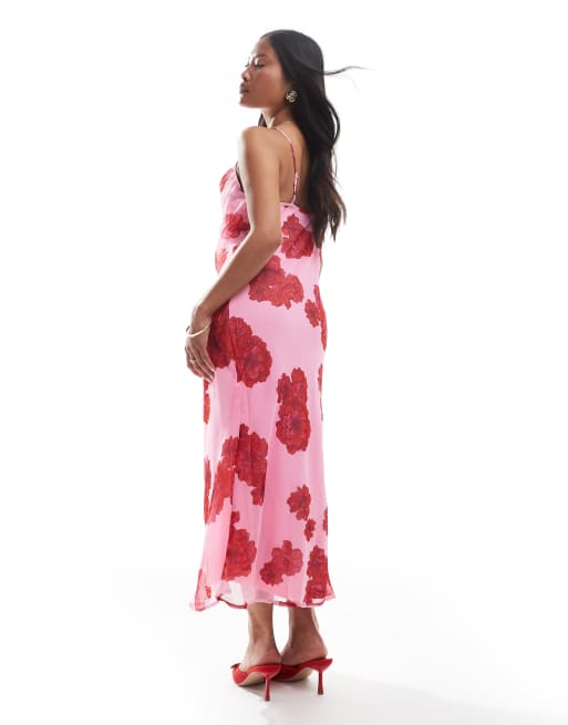 Vero Moda Petite – Smilla – Midi-Trägerkleid in Rosa mit rotem Blumenmuster und Wasserfallausschnitt, 4 von 4