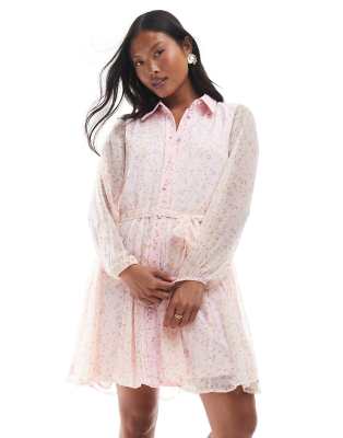 Smilla - Robe chemise fluide à petites fleurs avec ceinture - Rose XS
