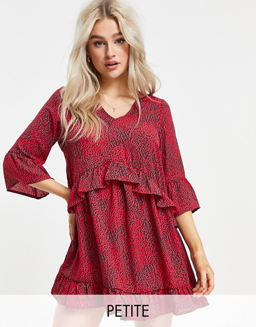 Vero Moda Petite smock dress with frill sleeve in red abstract print