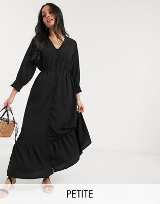 Vero Moda Petite smock maxi dress with button down and drop hem in black-Brown
