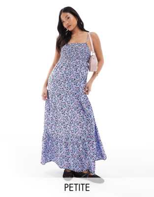 Vero Moda Petite Smocked Bust Maxi Dress In Blue Floral Print