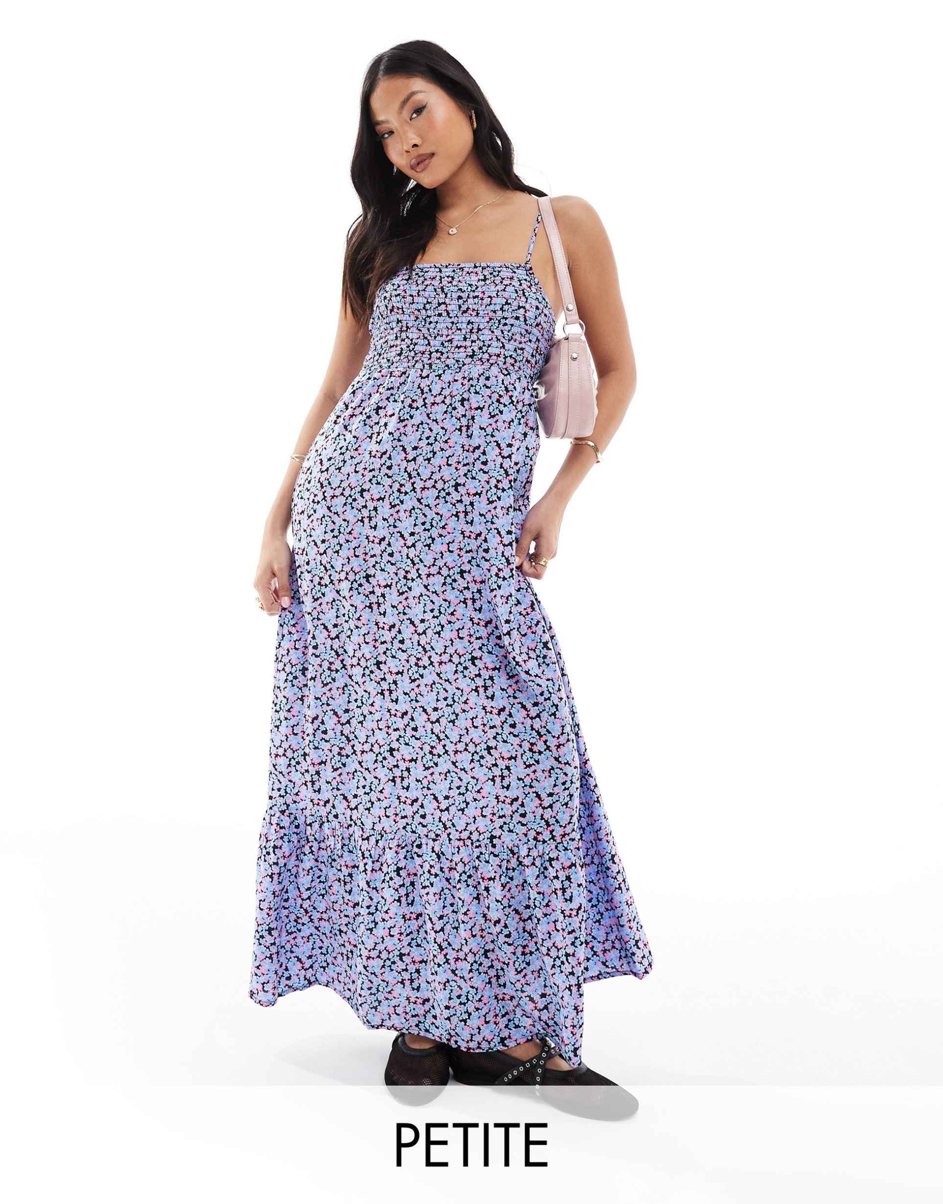 vero moda petite smocked bust maxi dress in blue floral print