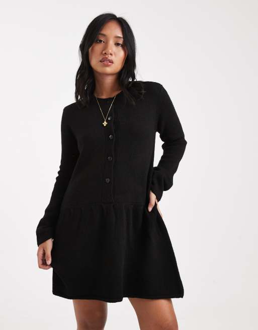 Vero Moda Petite soft knit button front mini dress in black