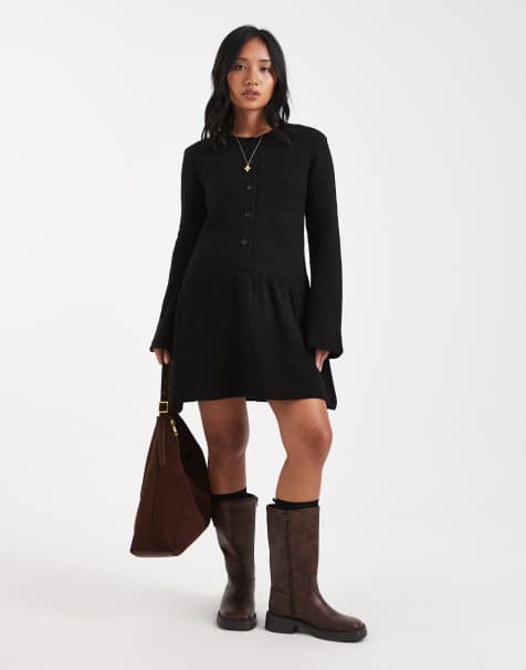 Vero Moda Petite soft knitted button front mini dress in black - view 1