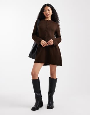 Vero Moda Petite soft knitted button front mini dress in chocolate melange