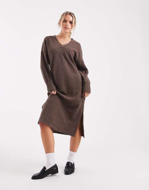 Vero Moda Petite soft rib knit v neck midi dress in chocolate melange - view 1