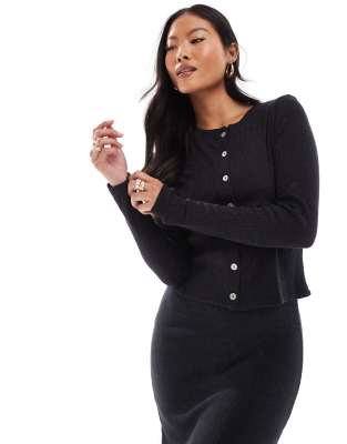 Vero Moda Petite soft ribbed cardigan co-ord in black melange