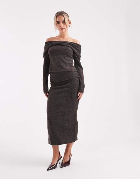 Vero Moda Petite soft touch folded waistband midi skirt co-ord in chocolate melange - view 1