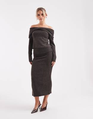 Vero Moda Petite soft touch folded waistband midi skirt in chocolate melange - part of a set