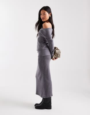 Vero Moda Petite soft touch folded waistband midi skirt in gray melange - part of a set