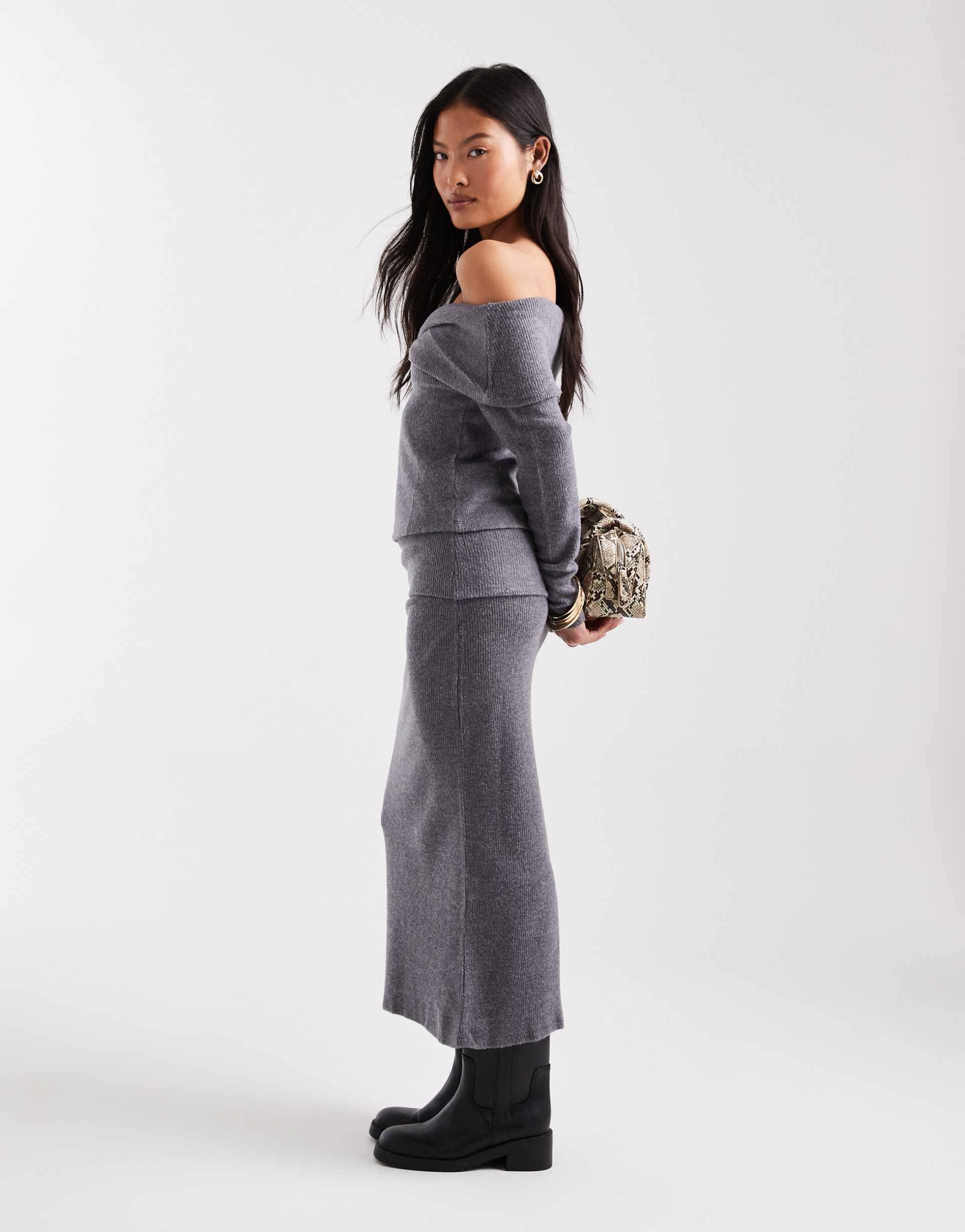 vero moda petite soft touch folded waistband midi skirt in gray melange - part of a set