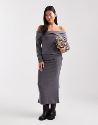 Vero Moda Petite soft touch off-shoulder long sleeve top and folded waistband midi skirt set in gray melange