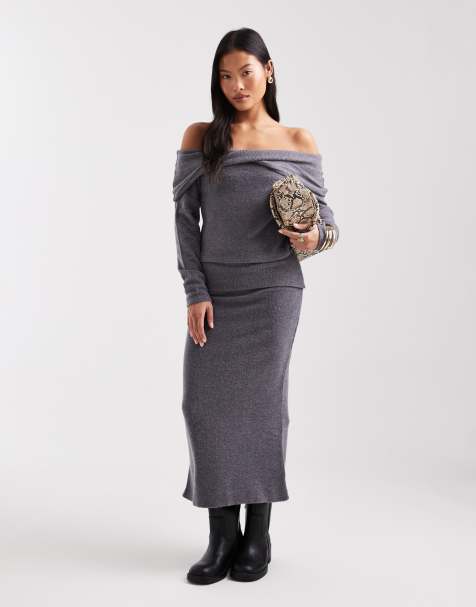 Vero Moda Petite soft touch off shoulder long sleeve top and folded waistband midi skirt set in grey melange - view 1